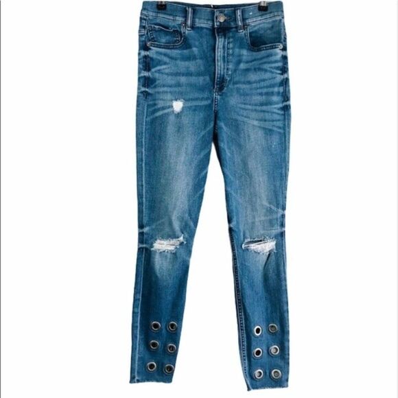 2/$30 Express Medium Wash Grommet Distressed High Rise Stretch Skinny Jeans - Picture 1 of 11